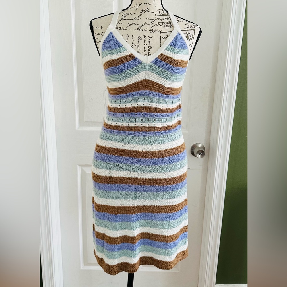 Chic Striped Midi Dress in Blue, Brown, and White